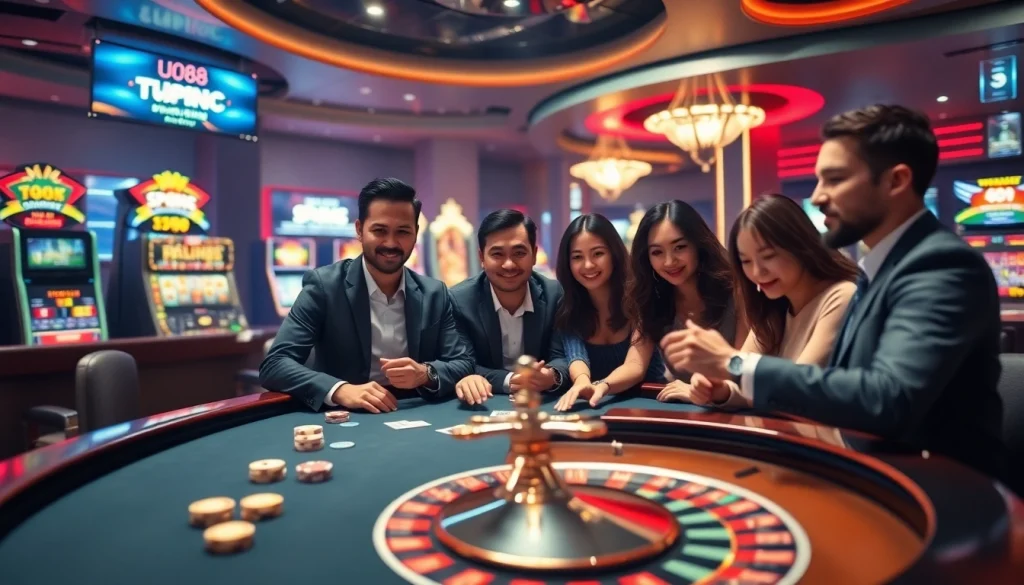 Exciting gameplay at nhà cái UU88 with vibrant casino tables, poker chips, and immersive betting action.