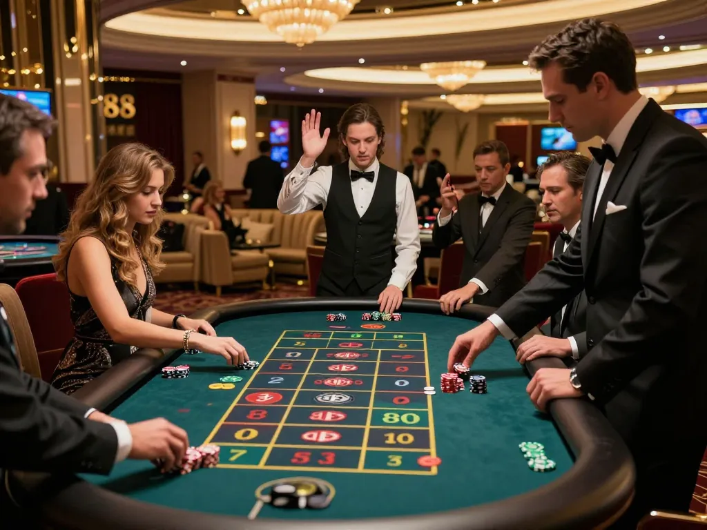 Exciting gameplay at Nhà cái J88 casino roulette table with players placing bets and celebrating wins.