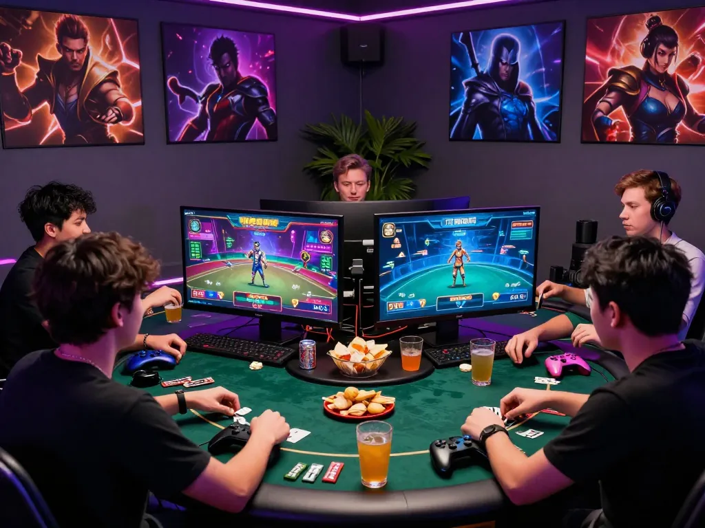 Engaged players in a vibrant gaming setup at https://bomwin.jp.net/ with colorful visuals and snacks.