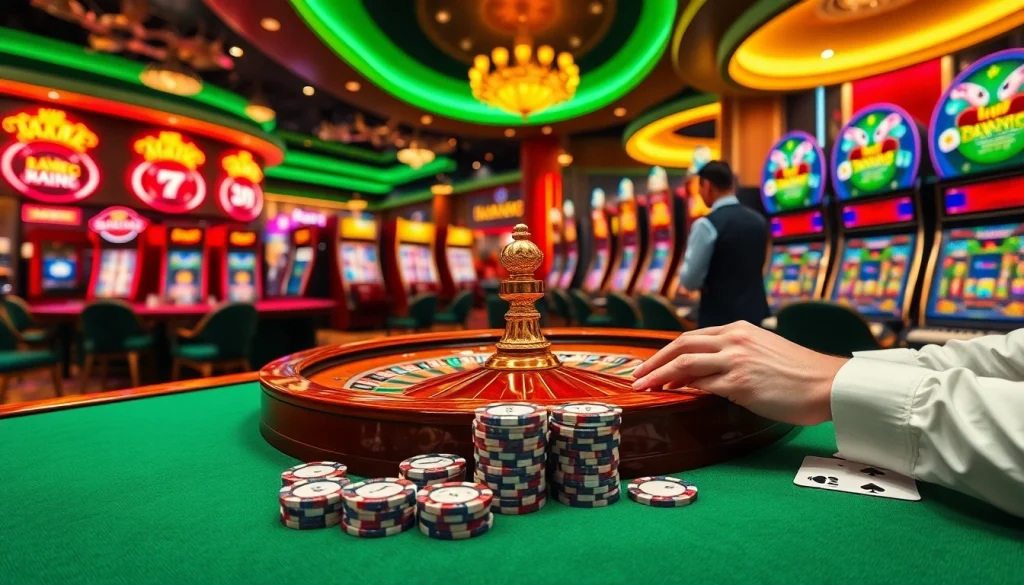 Gamble at nhà cái du88 with a luxurious casino scene featuring roulette, poker chips, and engaging players.