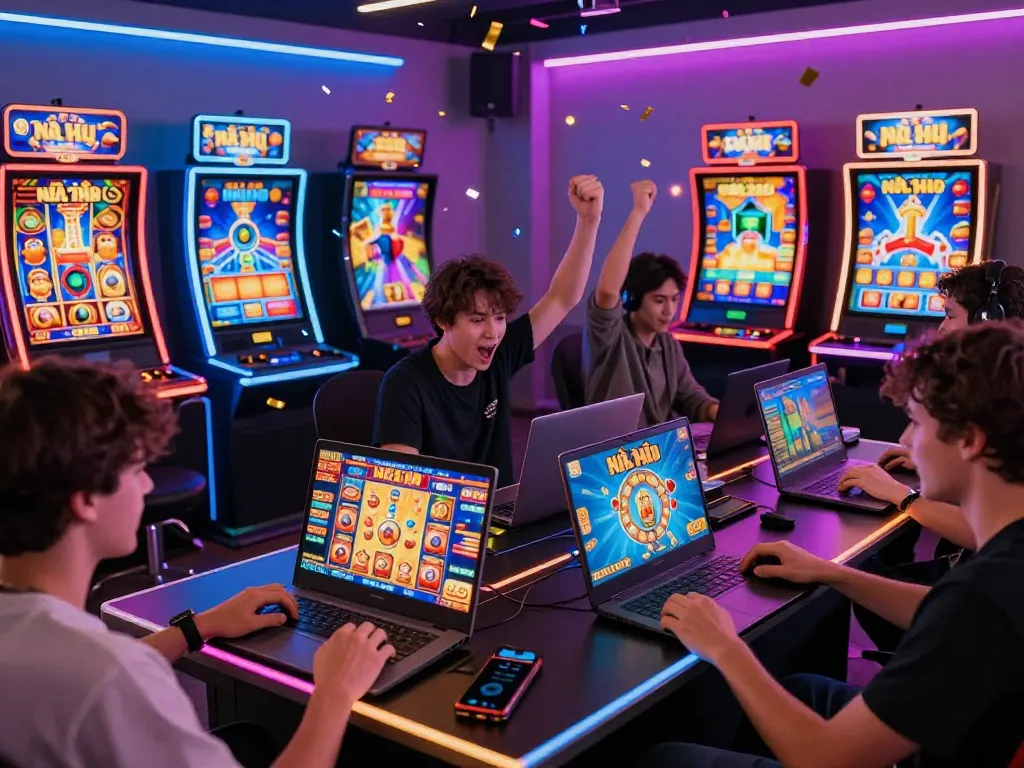 Excited players enjoying game nổ hũ on multiple devices, showcasing dynamic visuals of online slot gaming.