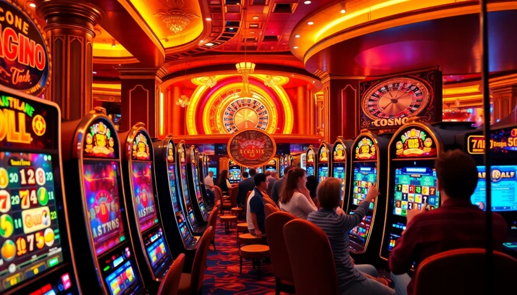 Players engaging with various slot gacor machines in a vibrant casino atmosphere.