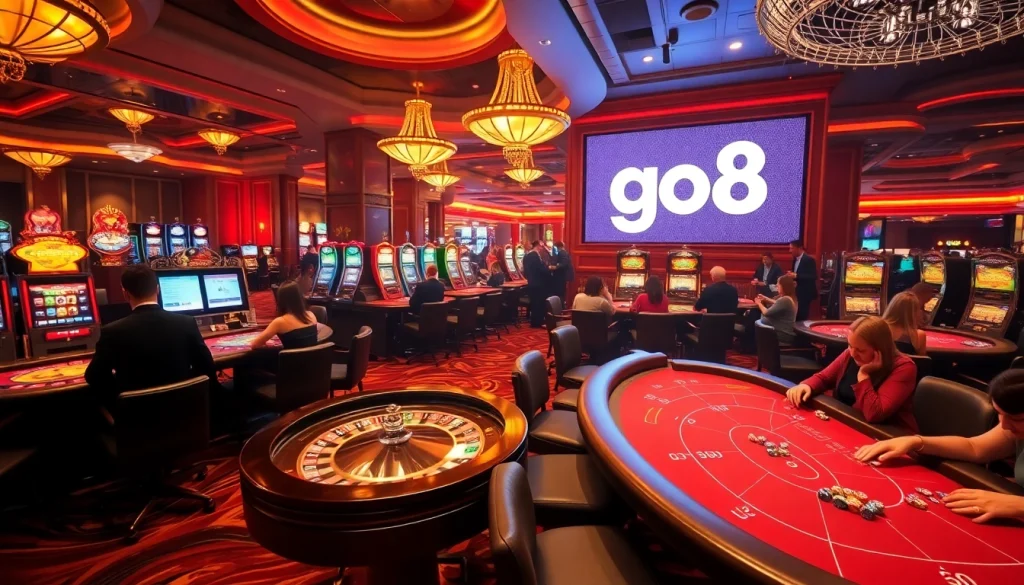 Go8 players engaging at roulette and poker tables in a luxurious casino setting