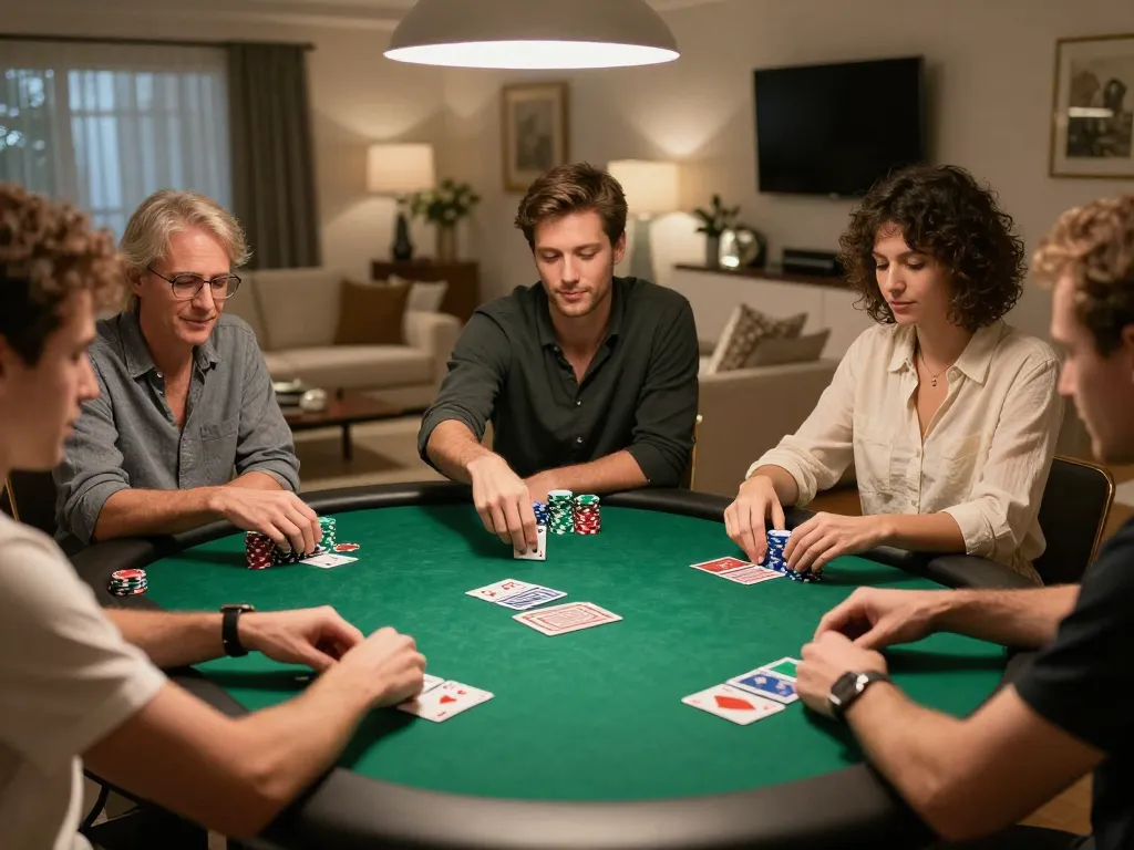 Engaged players at a poker table in a luxurious setting, highlighting nk88.com gaming experience.