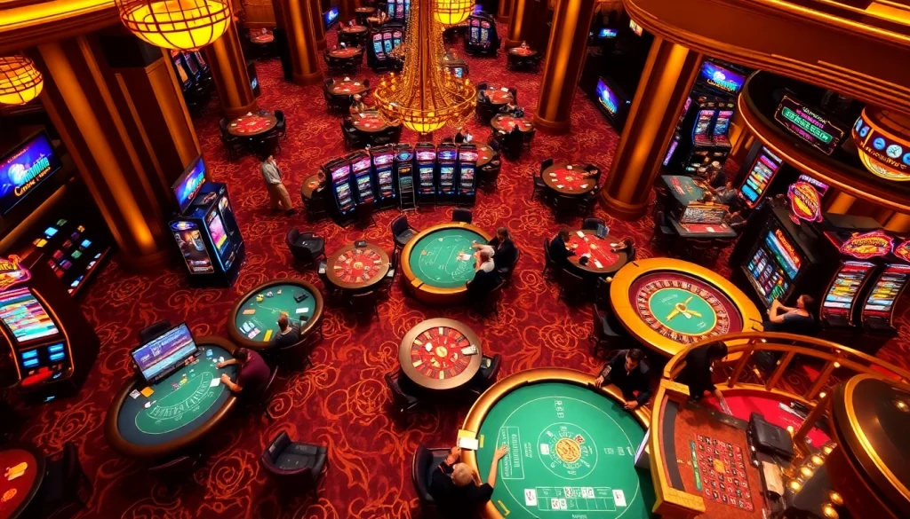 A vibrant casino scene showcasing high-stakes games at nhà cái lu88 with players enjoying poker and slot machines.
