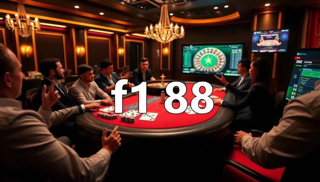 Players engage in a thrilling round of poker at f168, surrounded by vibrant chips and cards.