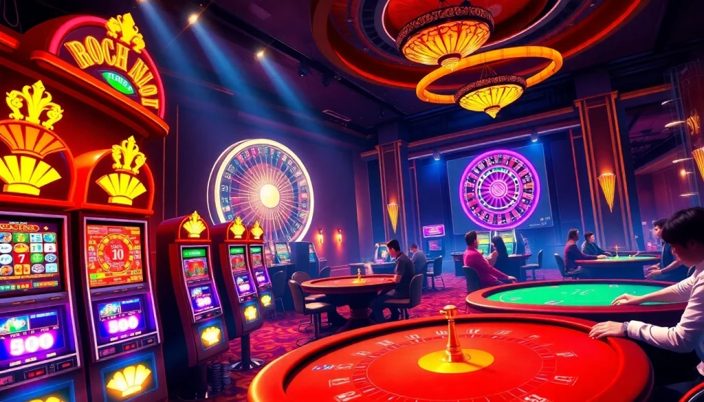 Experience the excitement of free credit mega888 at a luxurious casino with glowing slot machines and thrilling games.