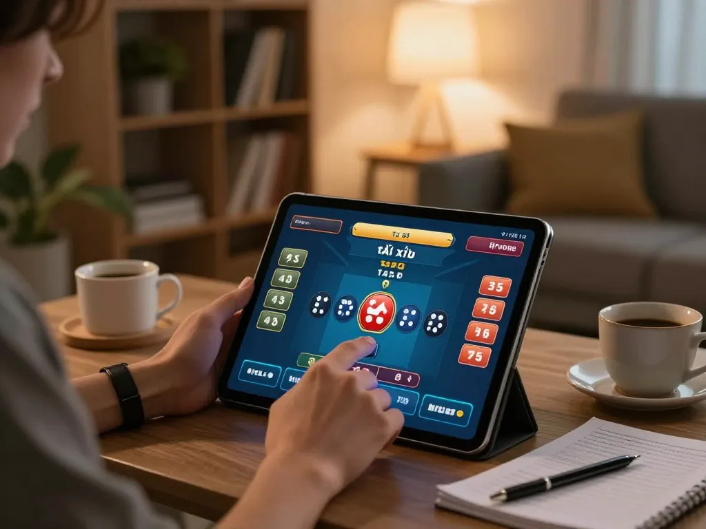 Engaging in tài xỉu online while enjoying a cozy home setting, showing game interface and strategy notes.