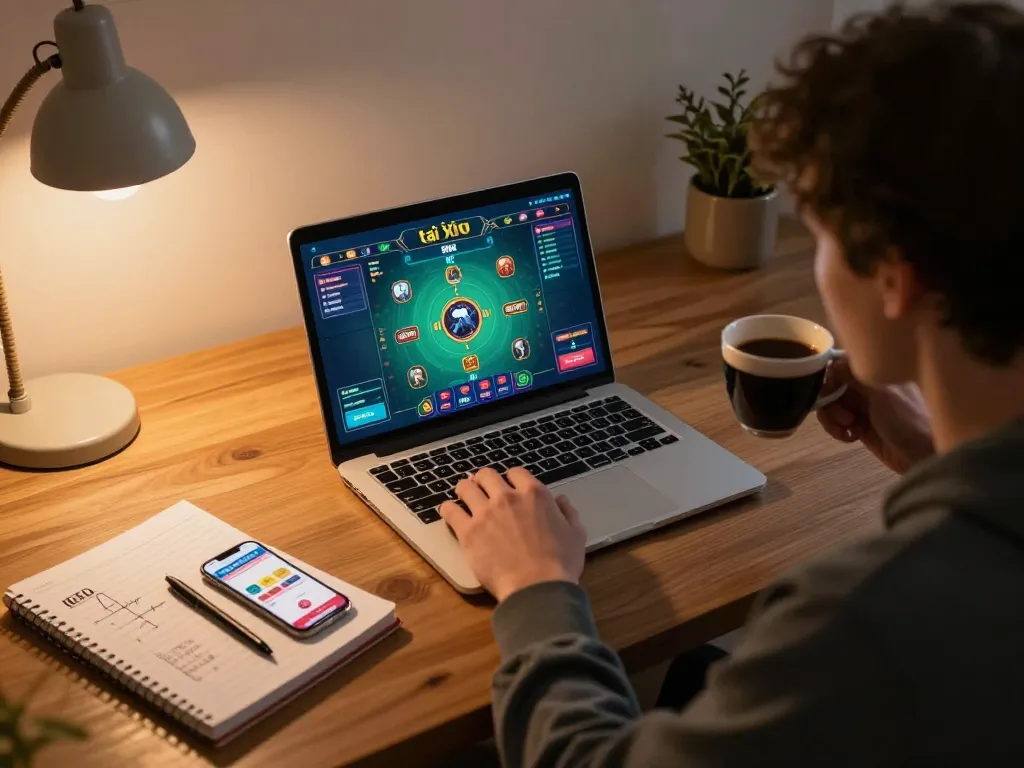 Engaging in tài xỉu online uy tín on a laptop at home, showcasing a strategic gaming environment with personalized touches.