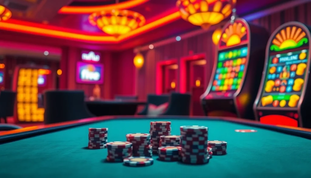 Experience the thrill of online gambling with nhà cái five88 at a vibrant poker table featuring colorful chips.