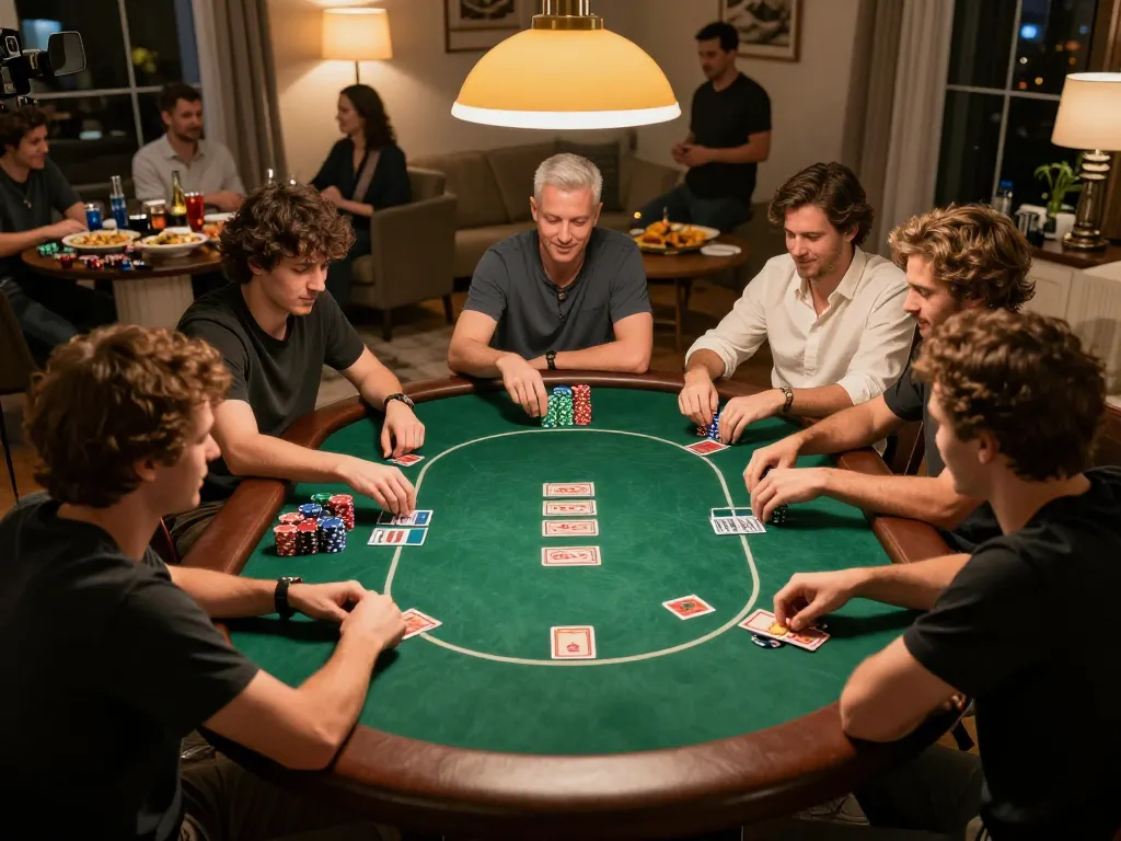 Friends play poker at home during a fun evening, showcasing gambling strategy with DA88 chips.