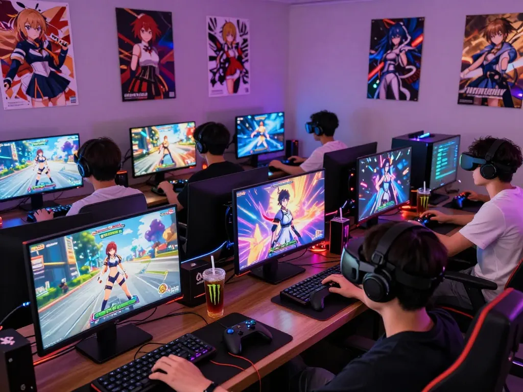 Players engaging with hentai games in a vibrant gaming lounge filled with anime decor and gaming gear.
