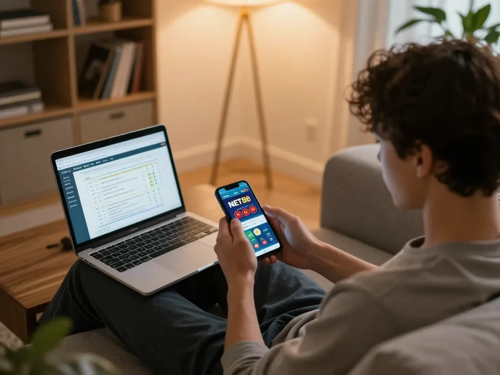 Engaging with the NET88 app for đăng ký net88 in a modern home gaming setup with a strategic focus