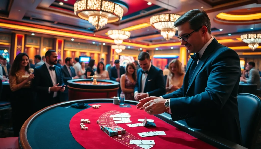 Cà khịa tv showing an exciting casino scene with a professional blackjack dealer and players engaged.