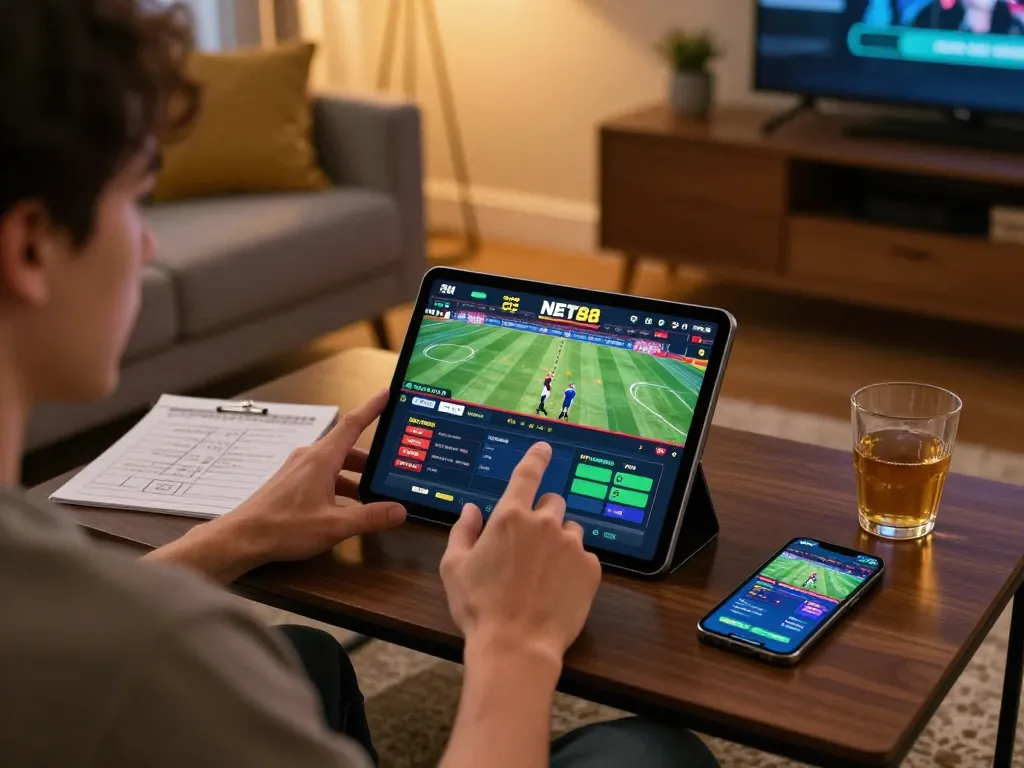 Engaging in sports betting on the NET88 app at home, showcasing a lively and strategic gambling atmosphere.