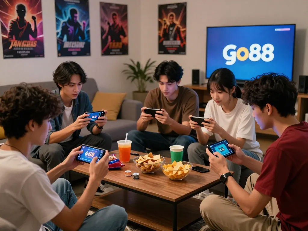 Tải go88 in a lively gaming scene with friends enjoying snacks and mobile gameplay.