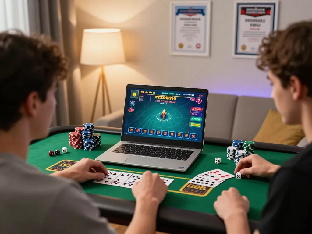 Person enjoying online casino games at home with lc88 com laptop interface, chips, and cards visible.