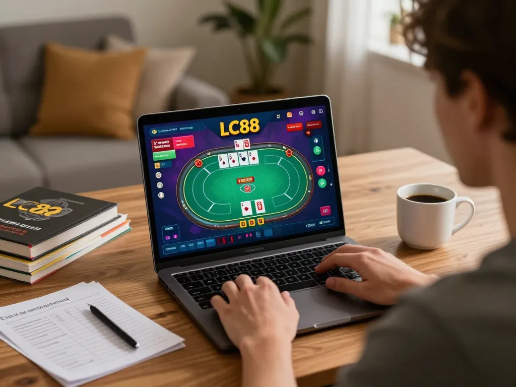 Engaging gambler using LC88 for online poker, showcasing strategy-focused gameplay in a cozy setting.