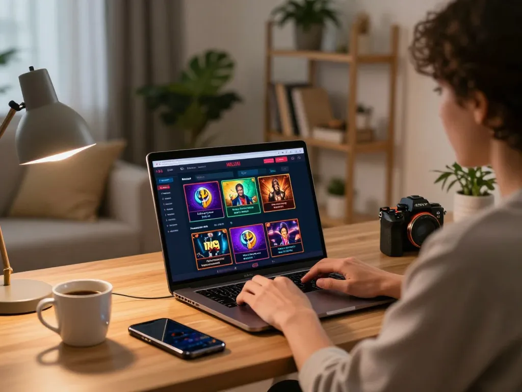 Engaged player exploring HELLO88 online casino options on laptop, cozy home office atmosphere.