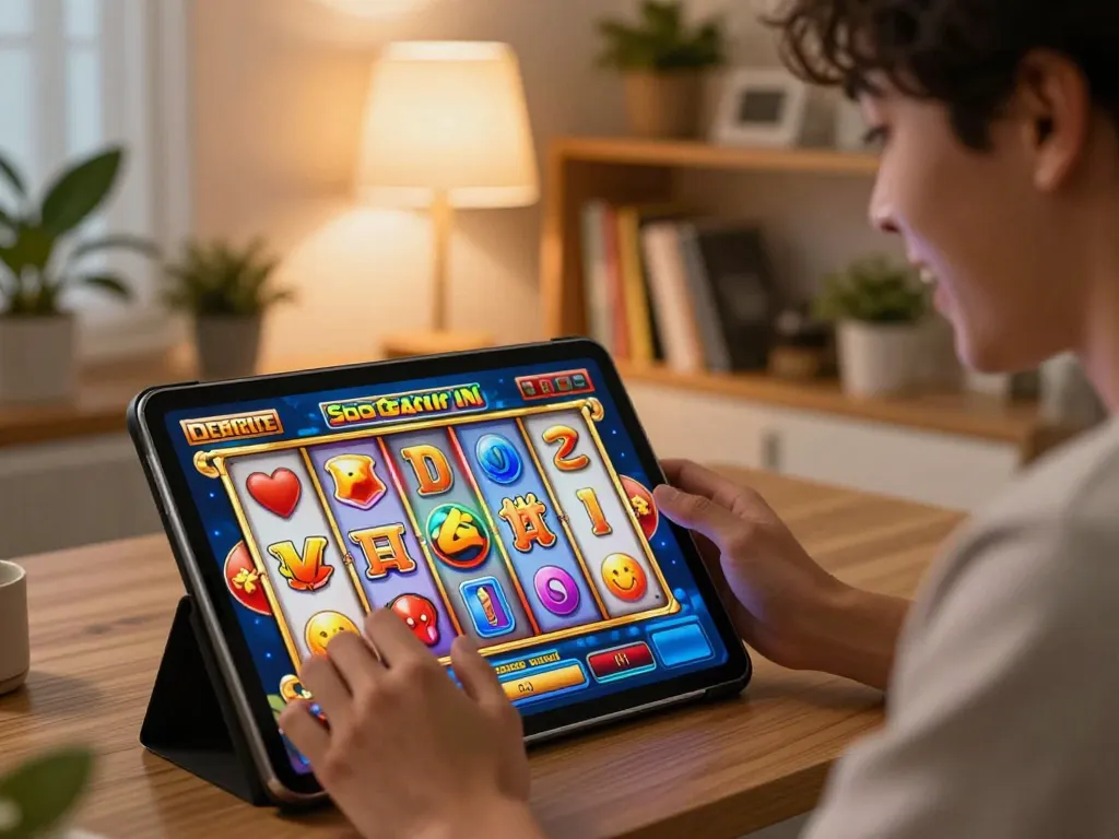 Pemain yang terlibat memutar gulungan di Slot Gacor Hari Ini virtual dalam suasana rumah yang nyaman, menyoroti kegembiraan dan strategi.