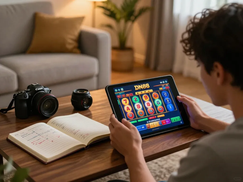 Engage in online casino gaming with DN88 using a tablet in a cozy home setting