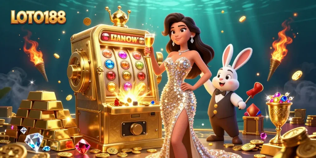 Experience the thrill of LOTO188 with a dazzling jackpot scene featuring glamorous elements and vibrant colors.