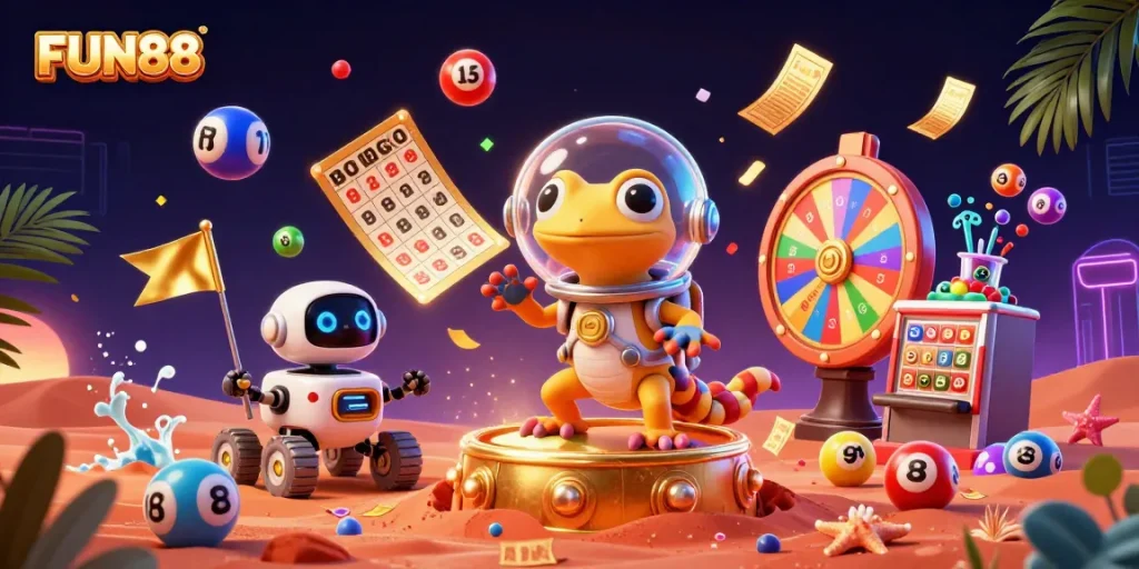 Experience FUN88 in a vibrant 3D illustration showcasing a Martian gecko discovering a golden casino.