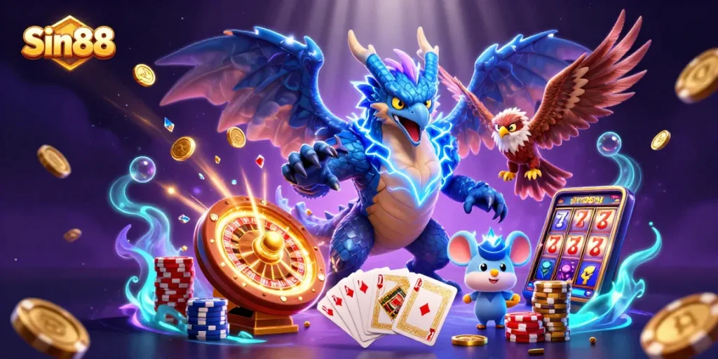 Participate in thrilling games at Sin88 with electric lightning dragon, fierce hawk, and vibrant casino elements.