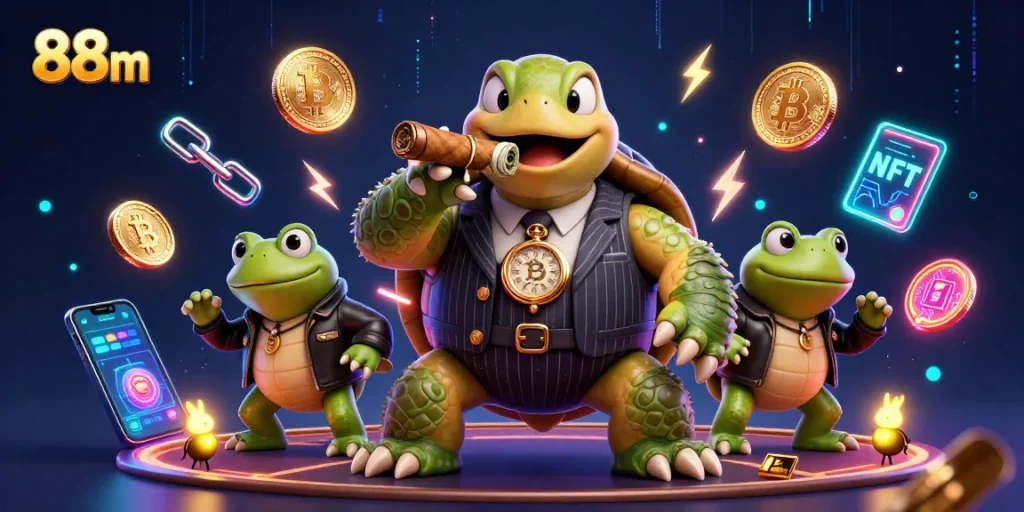 Experience the thrill of 88m with a vibrant 3D casino scene featuring unique characters and gaming elements.