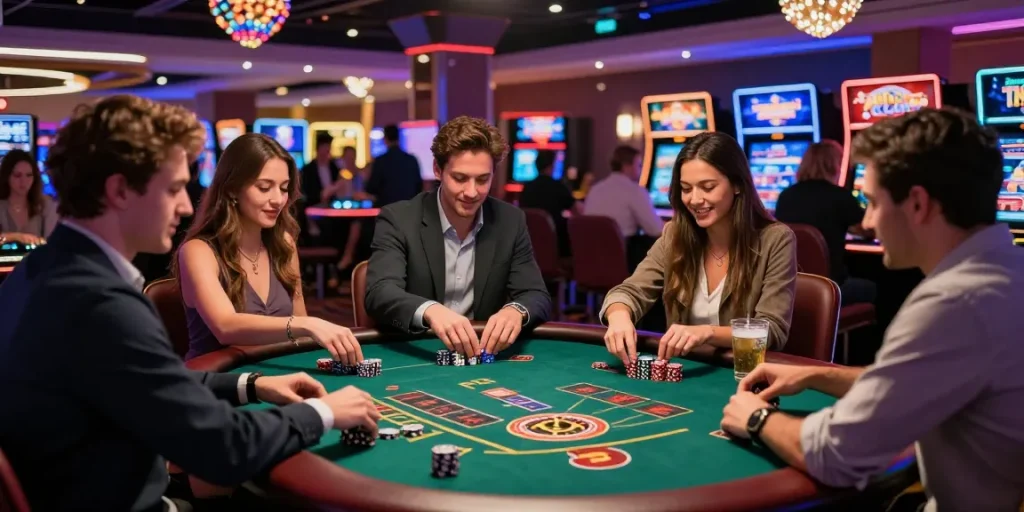 Friends enjoying the vibrant atmosphere at HM 88 casino, playing table games with colorful chips and drinks, highlighting fun and excitement.
