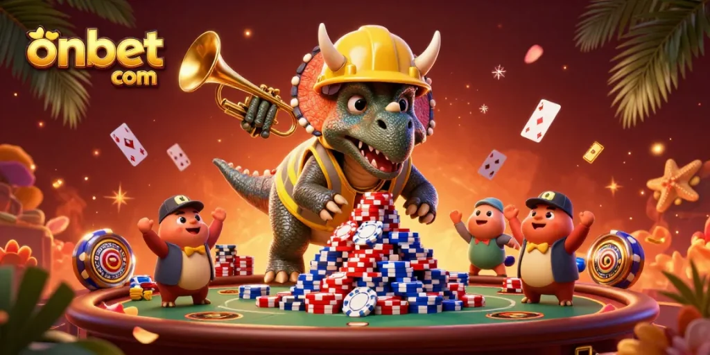 Experience the excitement of onbet com with a vibrant casino-themed scene featuring a triceratops and friends celebrating a poker victory.
