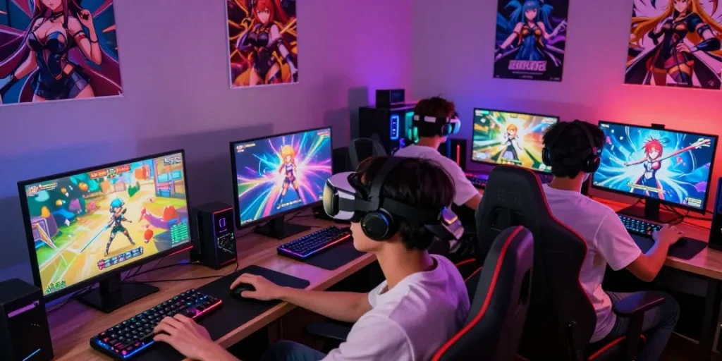 A diverse group enjoying an immersive hentai game session on vibrant monitors with gaming gear.