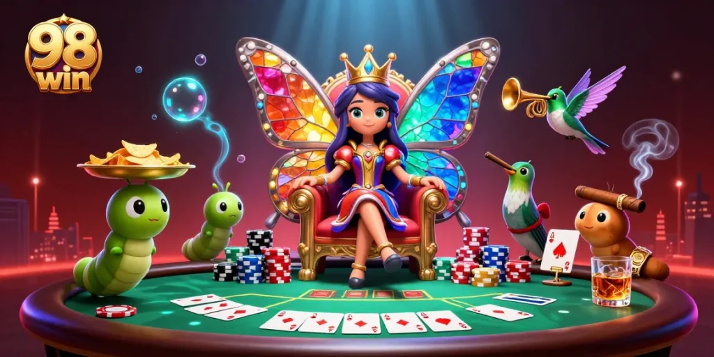 Engage with dynamic poker action at 98 win, featuring stunning characters and vibrant casino elements.