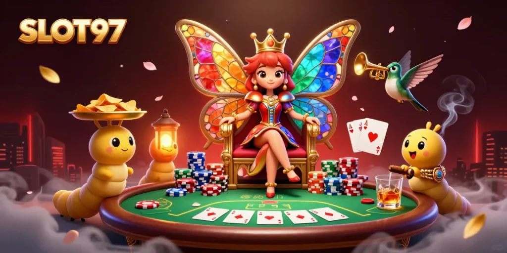 SLOT97 enchants players with a vibrant casino scene featuring a butterfly queen and poker tables.