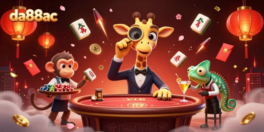 Experience gaming excitement at da88ac with a vibrant scene of a high-roller giraffe and casino elements.