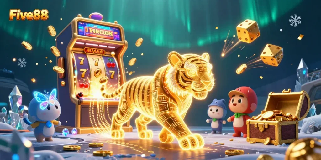 Experience the excitement of Five88 as you spin slot reels in a vibrant casino atmosphere.