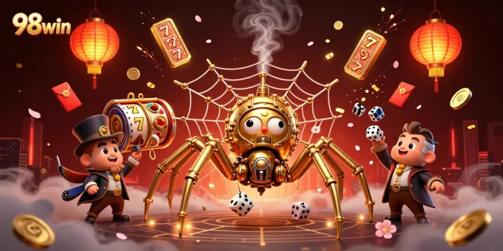 Engage with 98win's exciting casino atmosphere featuring a steampunk spider and neon jackpots.