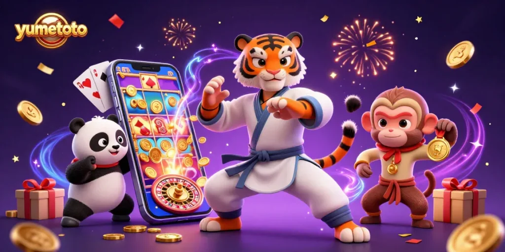 Bet and win with yumetoto as a kung fu tiger master and panda disciple shine amid casino games.
