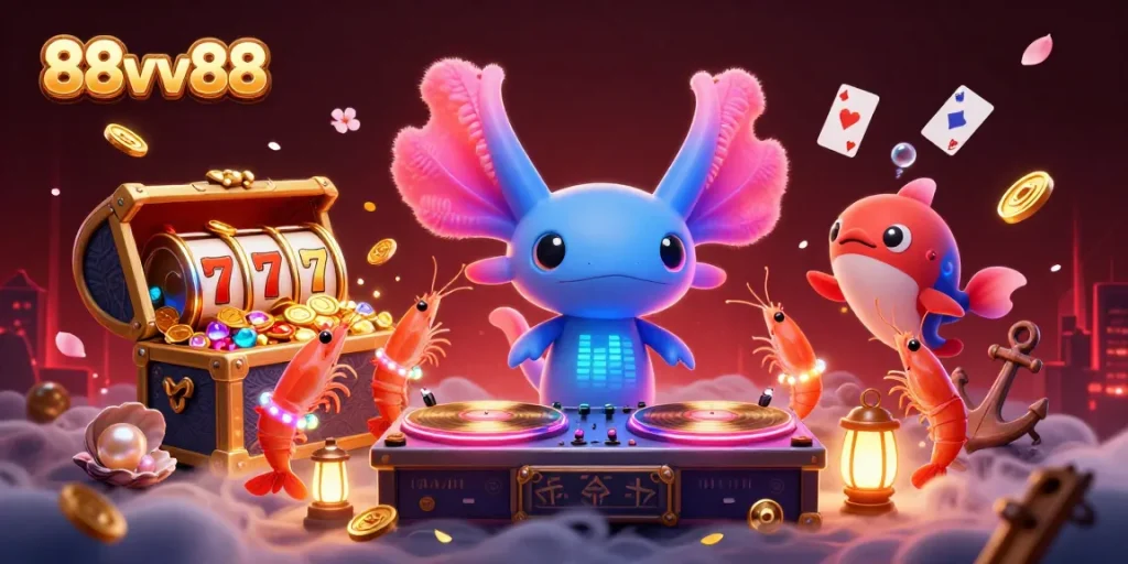 Experience thrilling gameplay at 88vv 88 with vibrant underwater characters, spinning slots, and dazzling treasures.