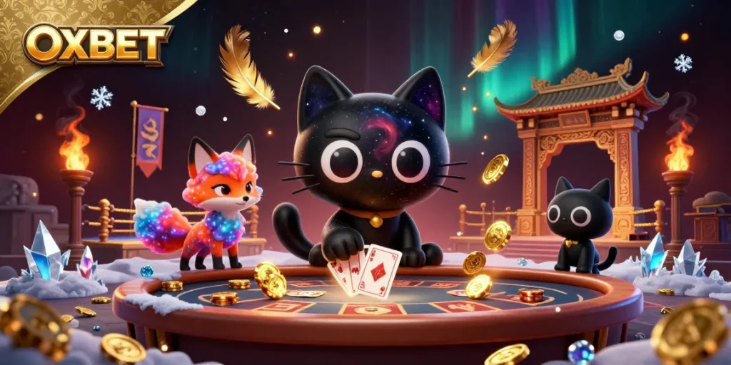 OXBET's cosmic casino scene with a black hole cat drawing in chips, vibrant and dynamic gaming atmosphere.