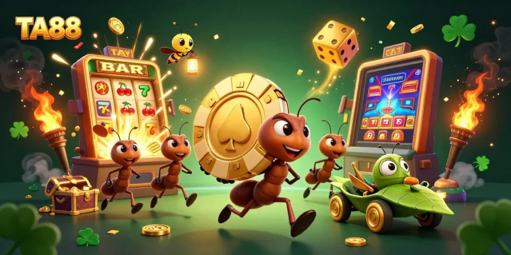 TA88 casino heist scene with ants carrying a giant poker chip and dynamic gaming elements.