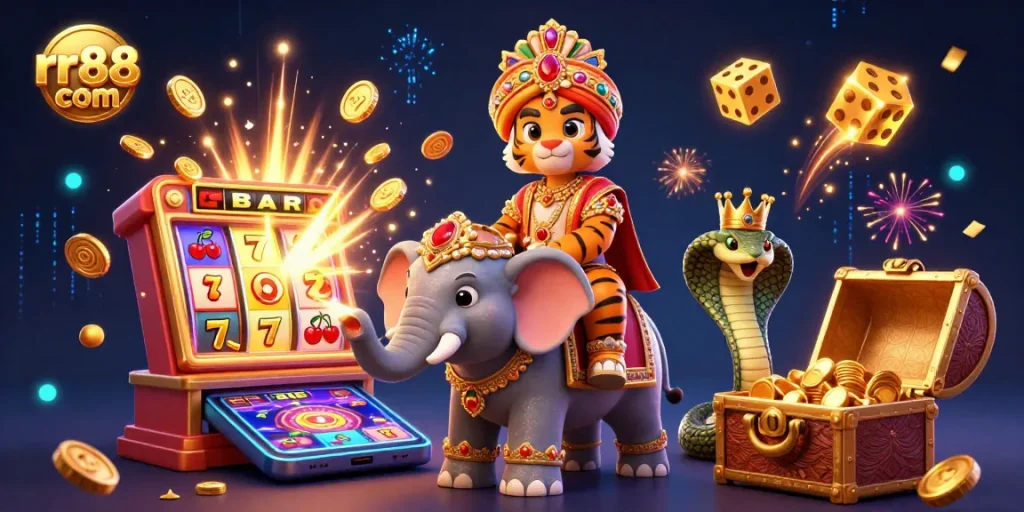 Experience thrilling jackpots at rr88 com with a vibrant 3D casino scene bursting with energy and excitement.