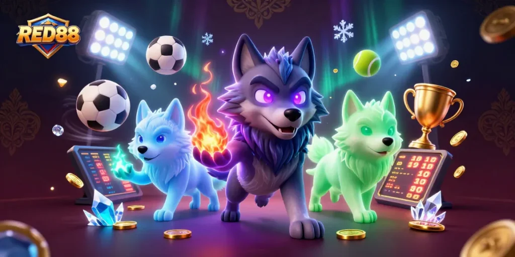 Engage with RED88 and immerse in thrilling sports betting action featuring dynamic elements and ghostly wolves.