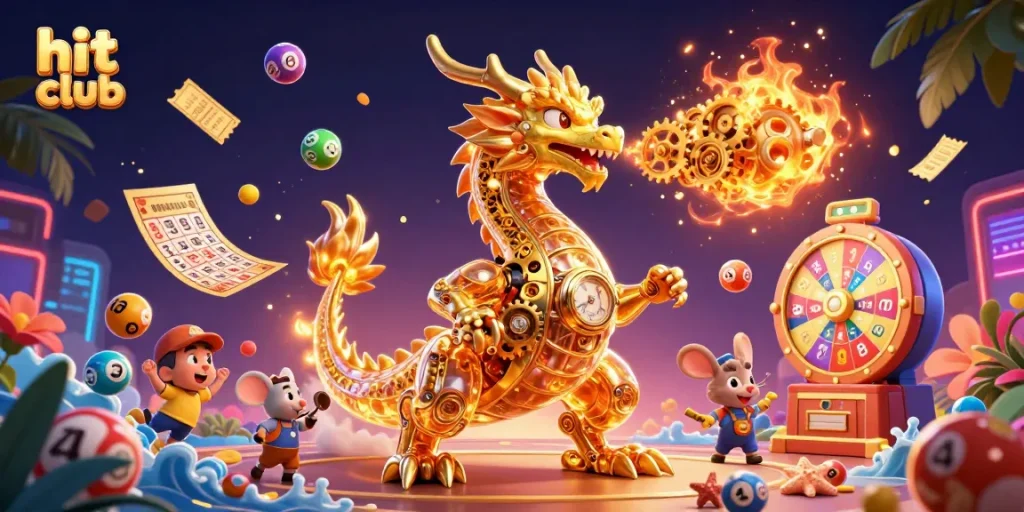 Engage with hit club in a vibrant 3D casino scene featuring a golden dragon and dynamic game elements.