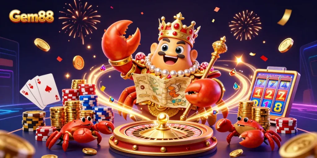 Experience Gem88's thrilling gaming with a golden crab emperor and treasure-filled excitement.