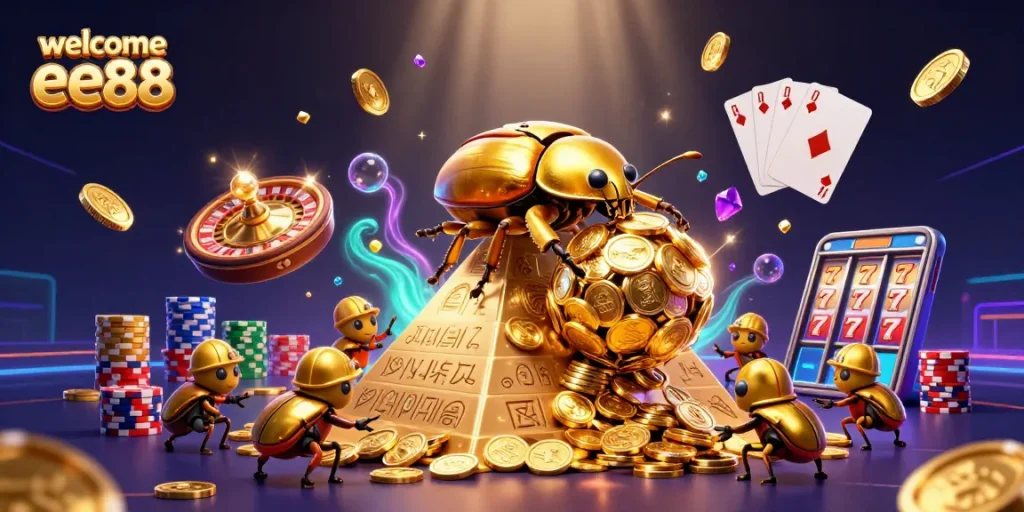 Welcome ee88 offers an exciting casino experience with a lively golden beetle theme.
