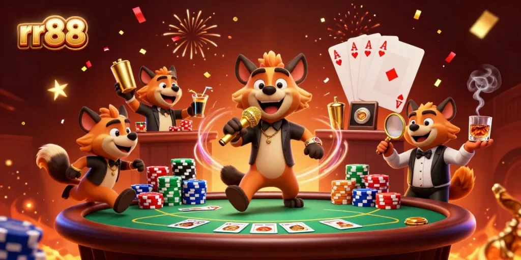 Play exciting games at rr88 with a vibrant 3D casino scene featuring hyenas in action.