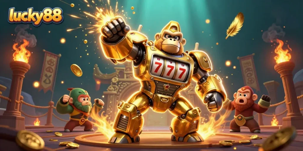 Experience exciting wins with lucky88's golden gorilla mech and casino atmosphere bursting with action.