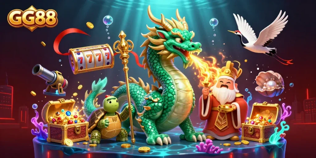 Experience the thrill of GG88's massive jade dragon amidst a vibrant casino game world.