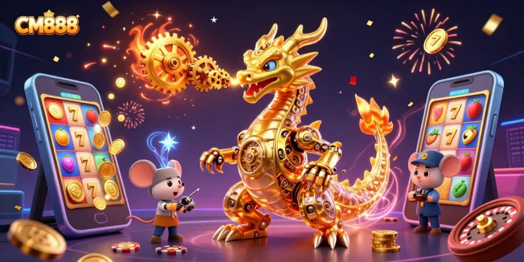 Engage with CM888's thrilling features illustrated in vibrant 3D dragon and slot game action.